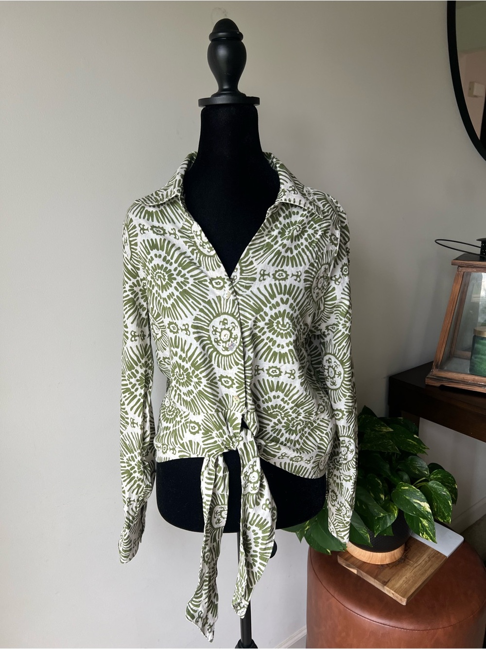 Haute Hippie Olive and White Tie-Front Button Blouse